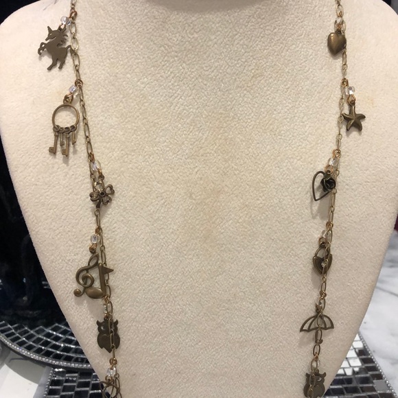 Vintage Charm All Antiqued Gold & Crystal Long Necklace-Boutique - Picture 1 of 7